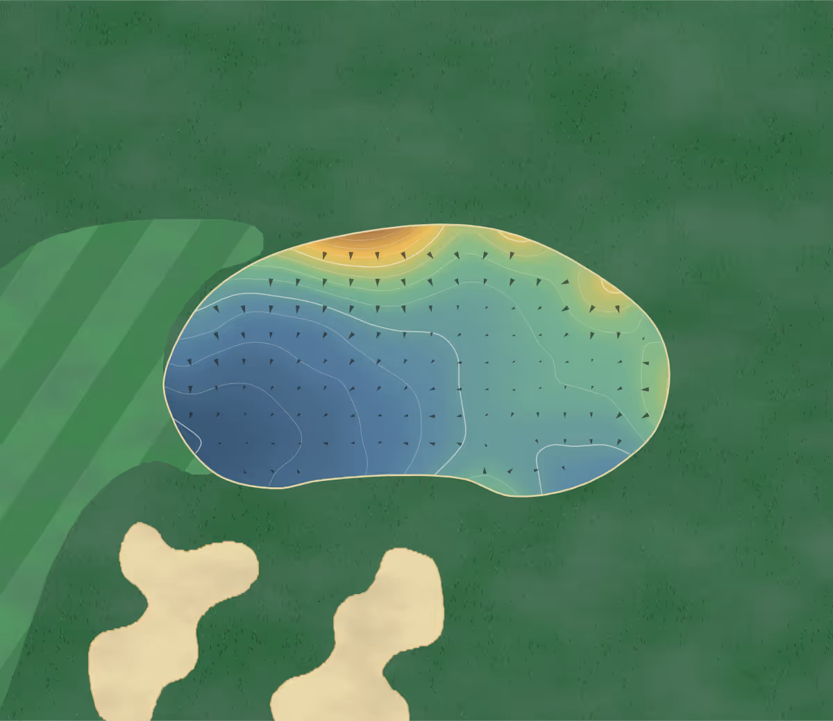Green contour map of The Wynyard in Teesside, England: 12 elevation contours at a 8-centimeter interval with fall-line arrows, traced from 1-meter lidar