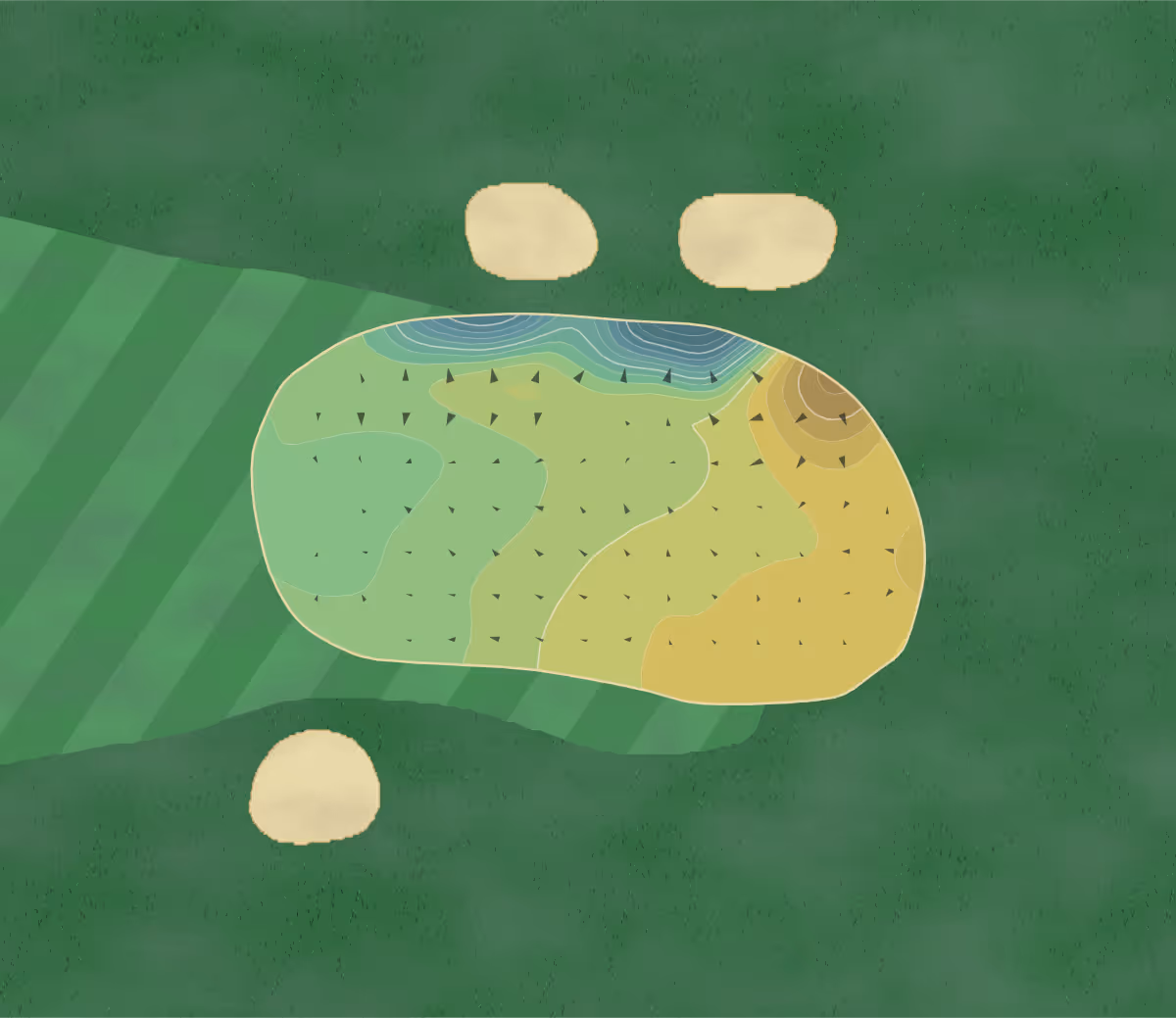 Green contour map of Thetford GC in Thetford, England — 261 elevation contours at a 8-centimeter interval with fall-line arrows, traced from 1-meter lidar