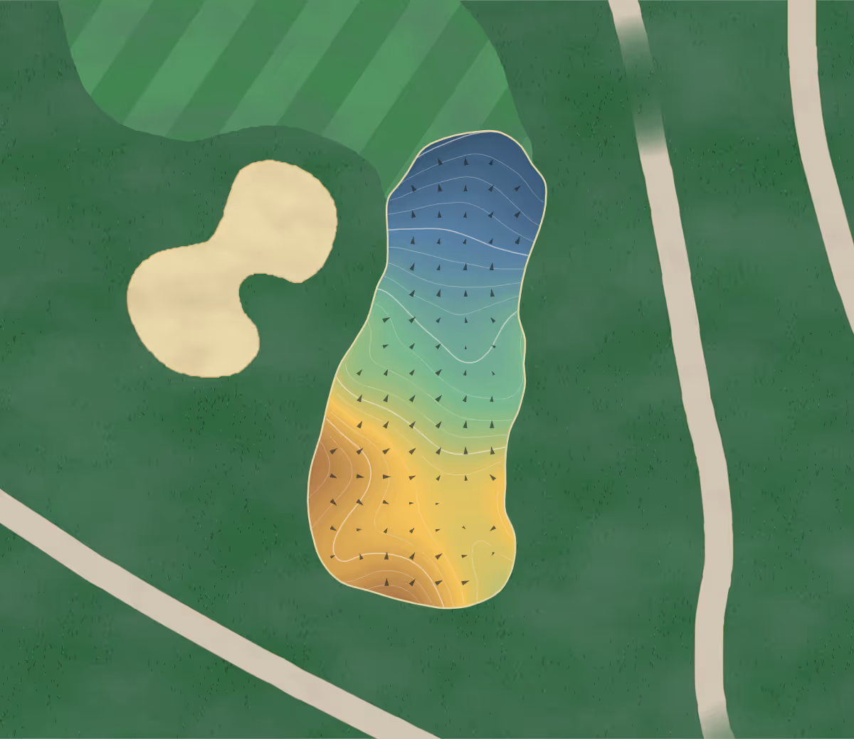 Green contour map of Thornapple Pointe in Grand Rapids, Michigan: 180 elevation contours at a 3-inch interval with fall-line arrows, traced from 1-meter lidar