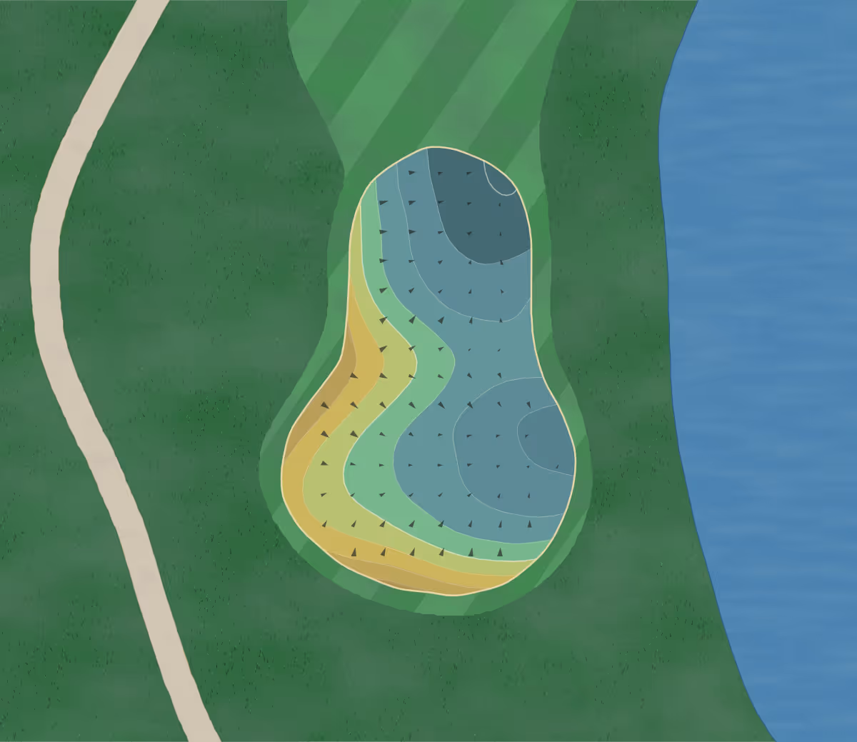 Green contour map of Thornberry Creek in Oneida, Wisconsin — 147 elevation contours at a 3-inch interval with fall-line arrows, traced from 1-meter lidar