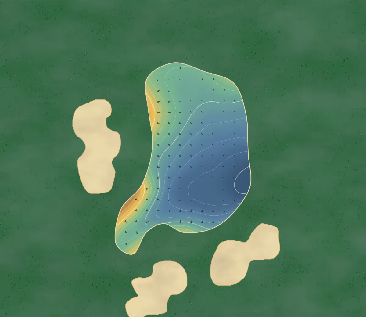 Green contour map of Thornbury in Bristol, England: 144 elevation contours at a 8-centimeter interval with fall-line arrows, traced from 1-meter lidar