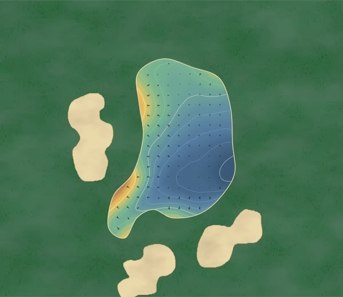 Green contour map of Thornbury in Bristol, England — 146 elevation contours at a 8-centimeter interval with fall-line arrows, traced from 1-meter lidar