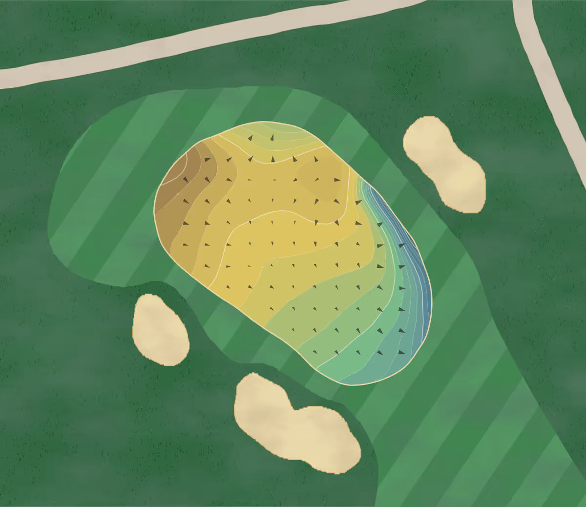 Green contour map of Thorpeness GC in Aldeburgh, England — 205 elevation contours at a 8-centimeter interval with fall-line arrows, traced from 1-meter lidar