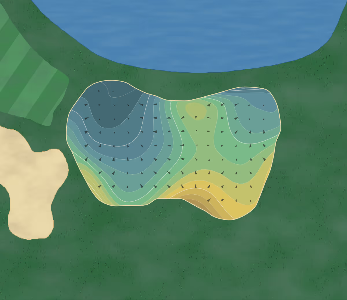 Green contour map of Three Crowns in Casper, Wyoming — 265 elevation contours at a 3-inch interval with fall-line arrows, traced from 1-meter lidar