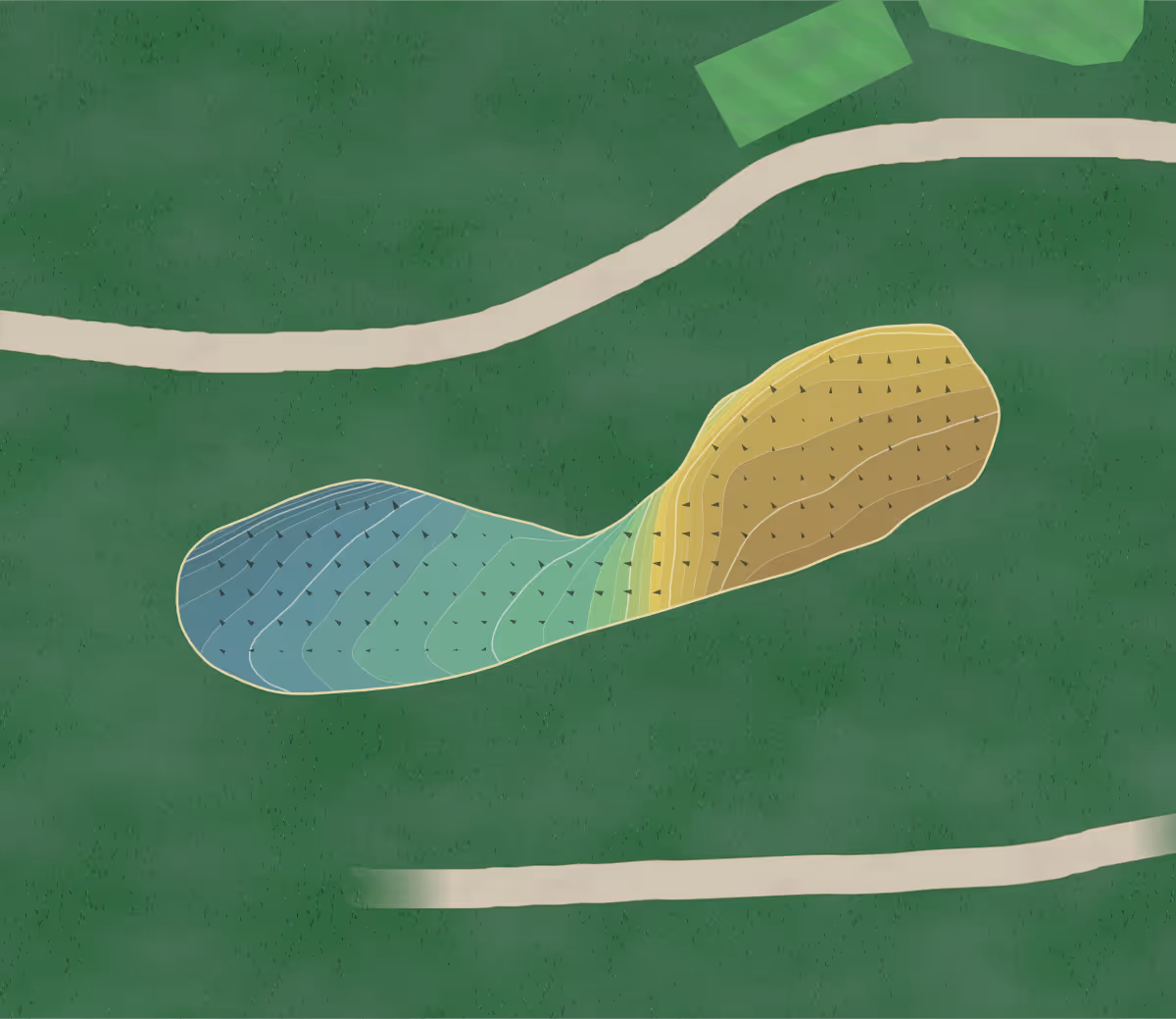 Green contour map of Three Locks in Buckinghamshire, England — 246 elevation contours at a 8-centimeter interval with fall-line arrows, traced from 1-meter lidar