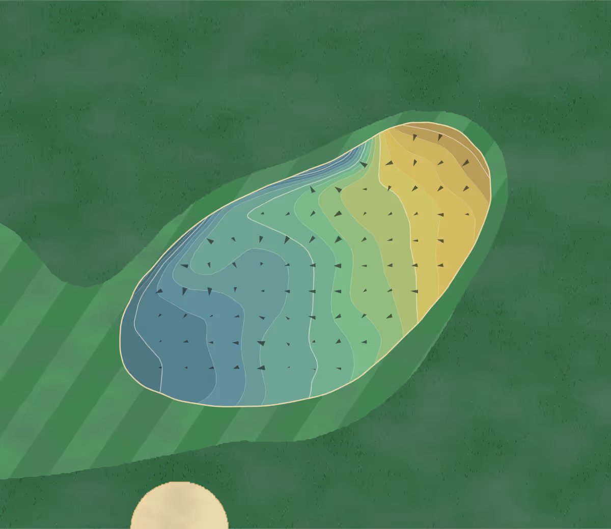Green contour map of Three Ponds Farm in Water Mill, New York — 150 elevation contours at a 3-inch interval with fall-line arrows, traced from 1-meter lidar