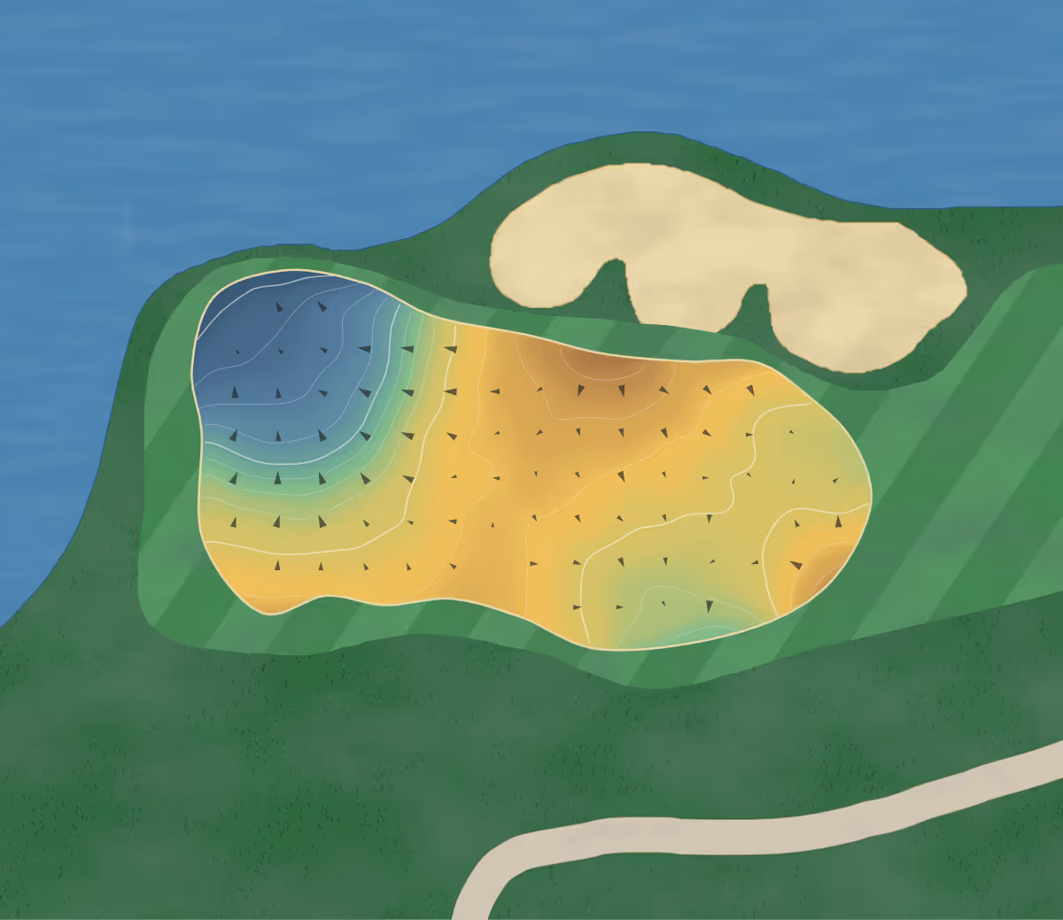 Green contour map of Thunder Bayou in Blytheville, Arkansas — 160 elevation contours at a 3-inch interval with fall-line arrows, traced from 1-meter lidar