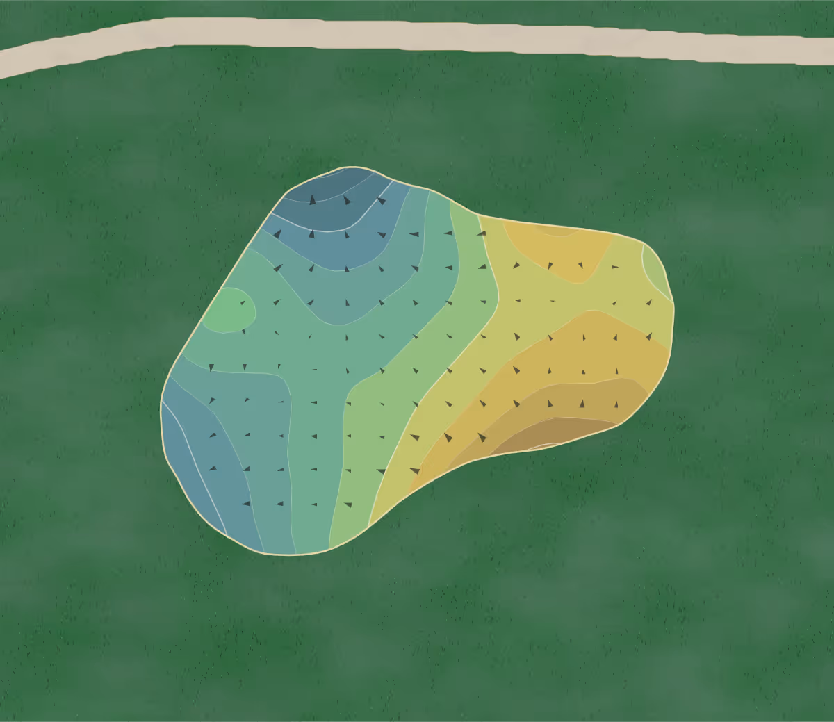 Green contour map of Thunderbird North in Ohio, United States — 35 elevation contours at a 3-inch interval with fall-line arrows, traced from 1-meter lidar