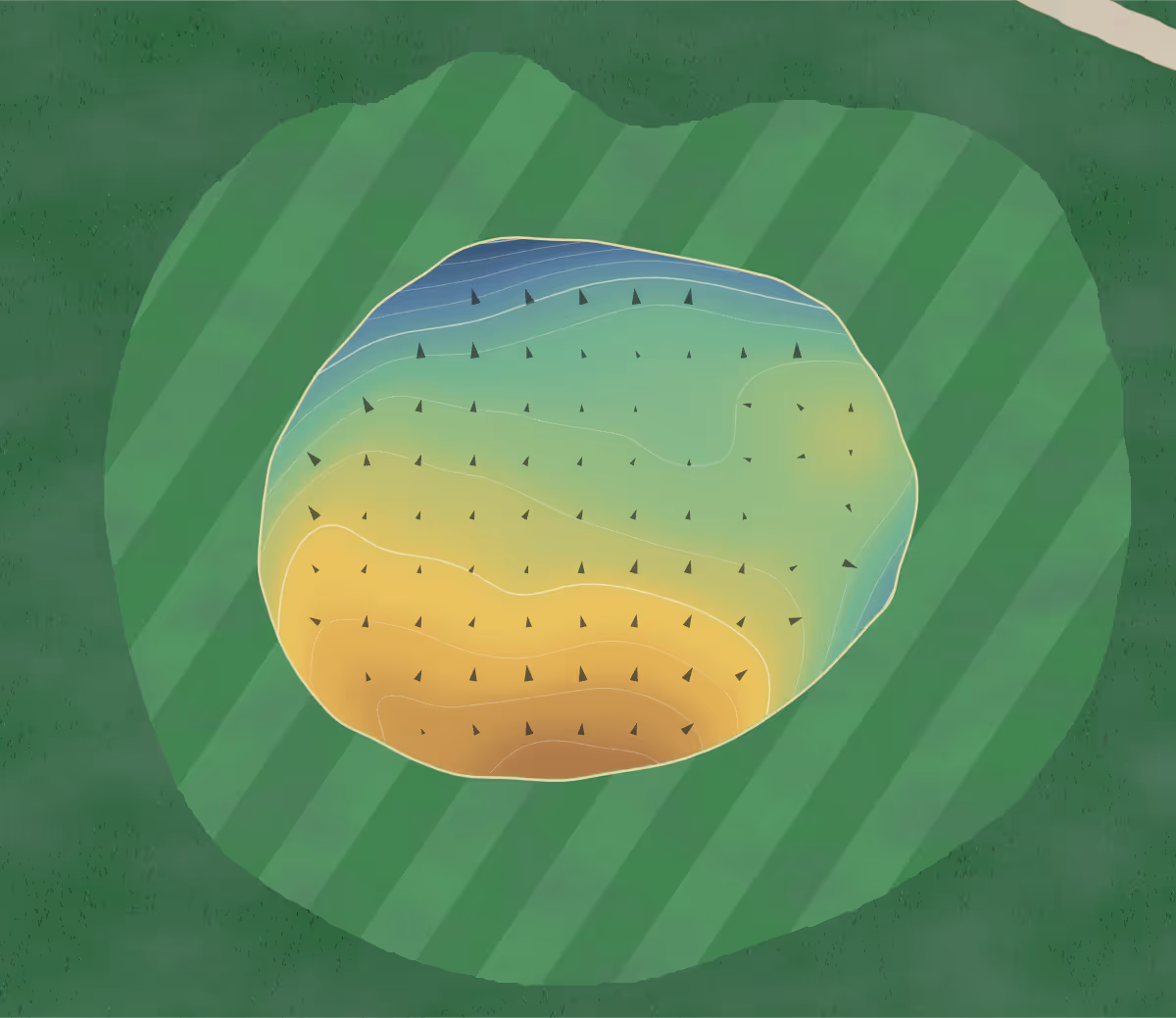 Green contour map of Thunderbolt Pass in Evansville, Indiana — 140 elevation contours at a 3-inch interval with fall-line arrows, traced from 1-meter lidar