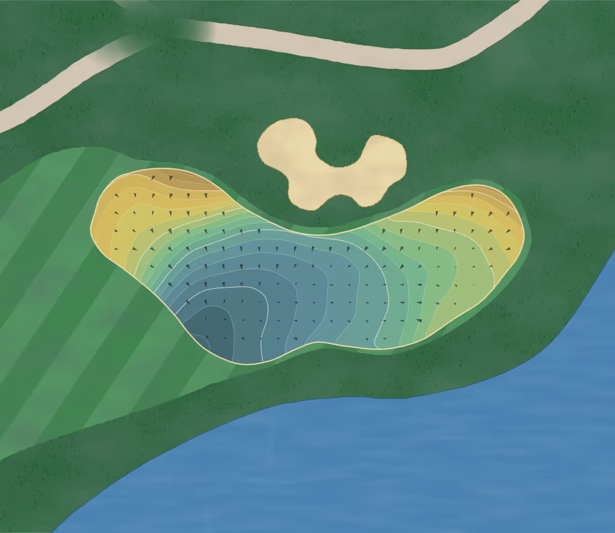 Green contour map of Thunderhawk in Beach Park, Illinois — 225 elevation contours at a 3-inch interval with fall-line arrows, traced from 1-meter lidar