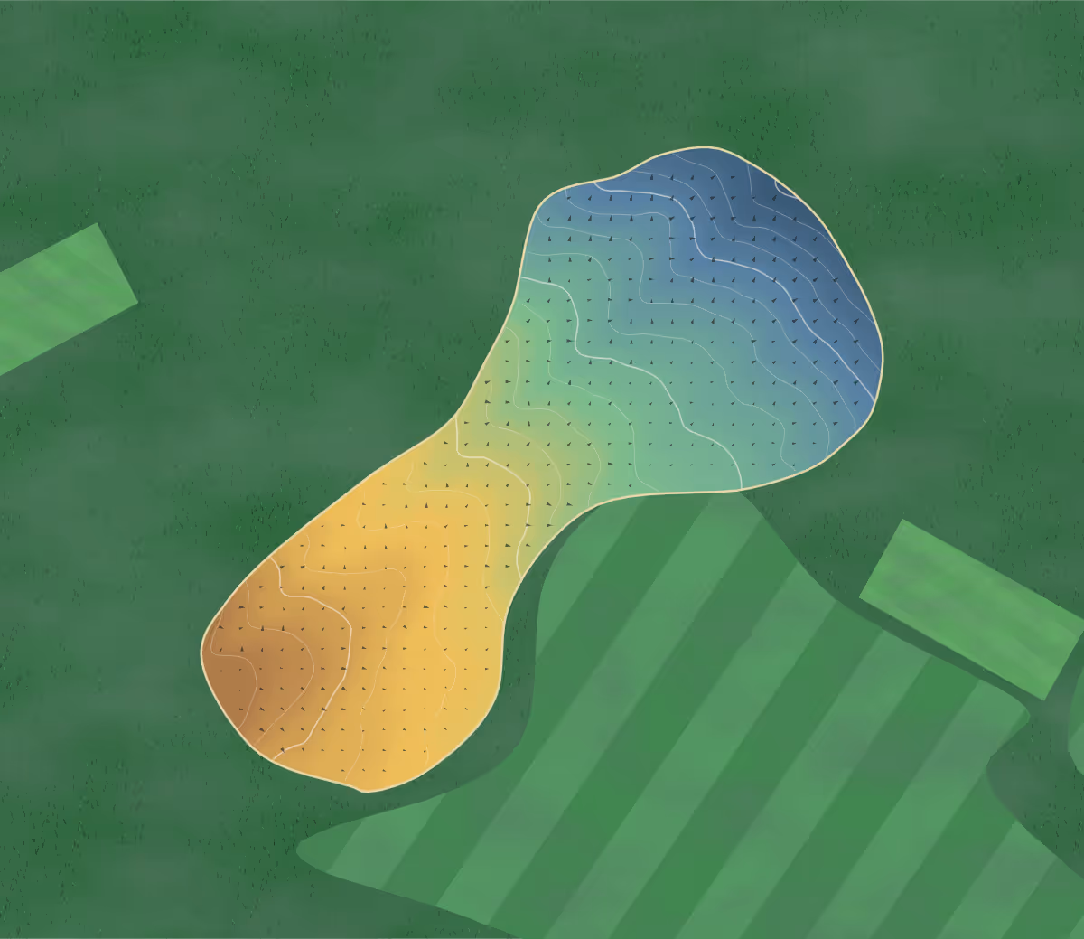 Green contour map of Thurso in Thurso, Scotland — 176 elevation contours at a 8-centimeter interval with fall-line arrows, traced from 1-meter lidar