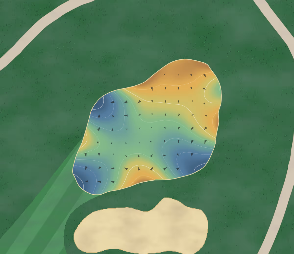 Green contour map of Tiara Rado in Grand Junction, Colorado — 243 elevation contours at a 3-inch interval with fall-line arrows, traced from 1-meter lidar