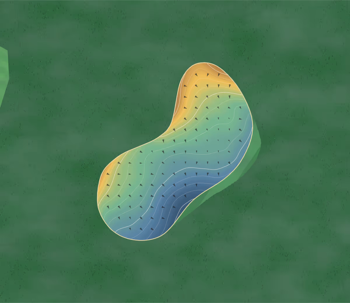 Green contour map of Tickenham in Bristol, England — 100 elevation contours at a 8-centimeter interval with fall-line arrows, traced from 1-meter lidar