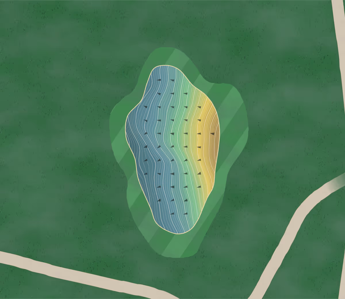 Green contour map of Ticonderoga GC in Ticonderoga, New York — 215 elevation contours at a 3-inch interval with fall-line arrows, traced from 1-meter lidar
