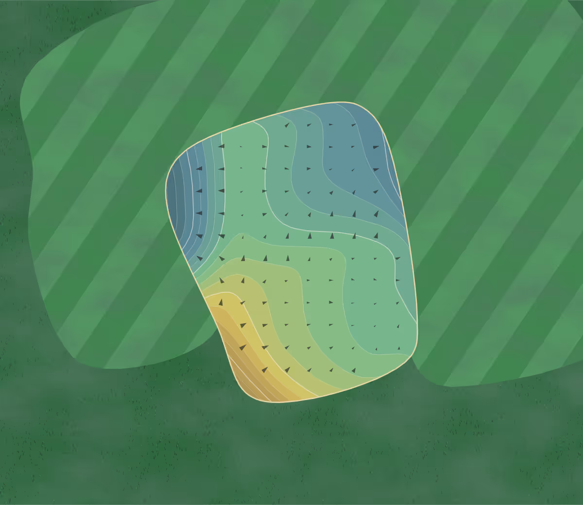 Green contour map of Tiffany Greens in Kansas City, Missouri — 229 elevation contours at a 3-inch interval with fall-line arrows, traced from 1-meter lidar