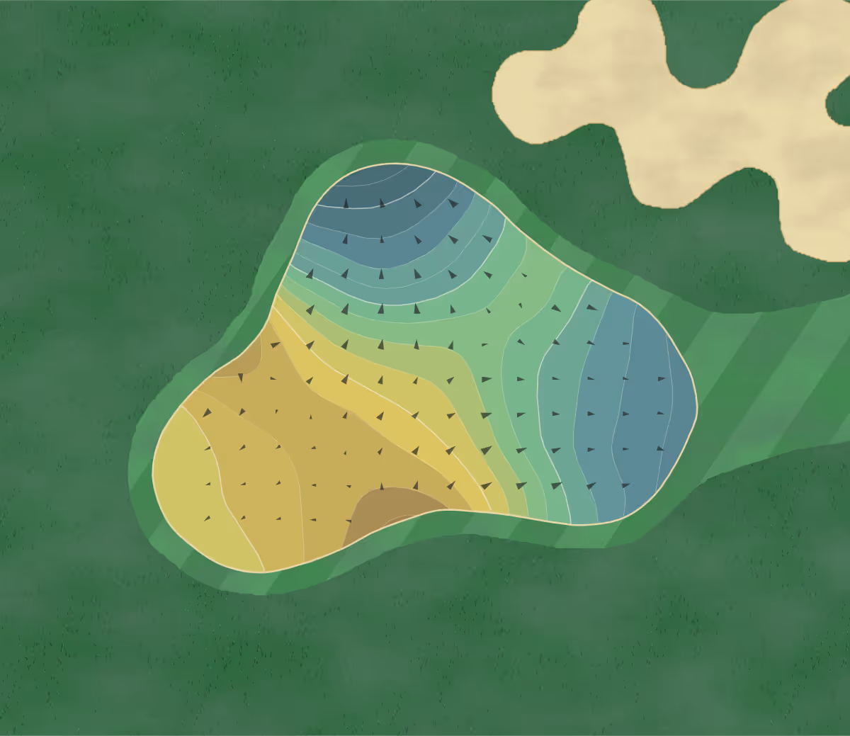 Green contour map of Tiger's Eye Golf Links in Ocean Isle Beach, North Carolina — 151 elevation contours at a 3-inch interval with fall-line arrows, traced from 1-meter lidar