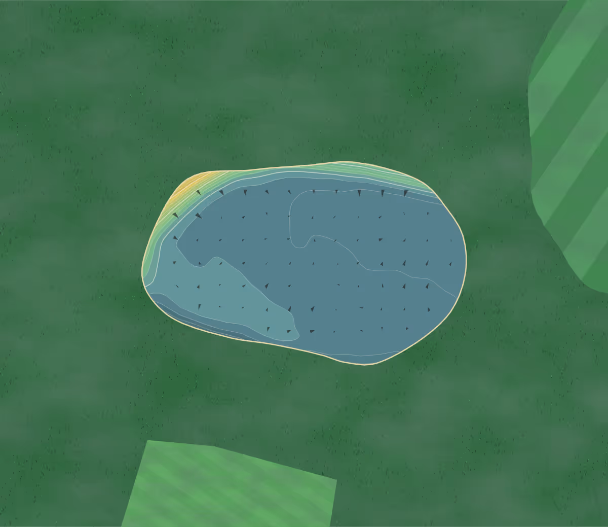 Green contour map of Tillicoultry in Tillicoultry, Scotland — 114 elevation contours at a 8-centimeter interval with fall-line arrows, traced from 1-meter lidar