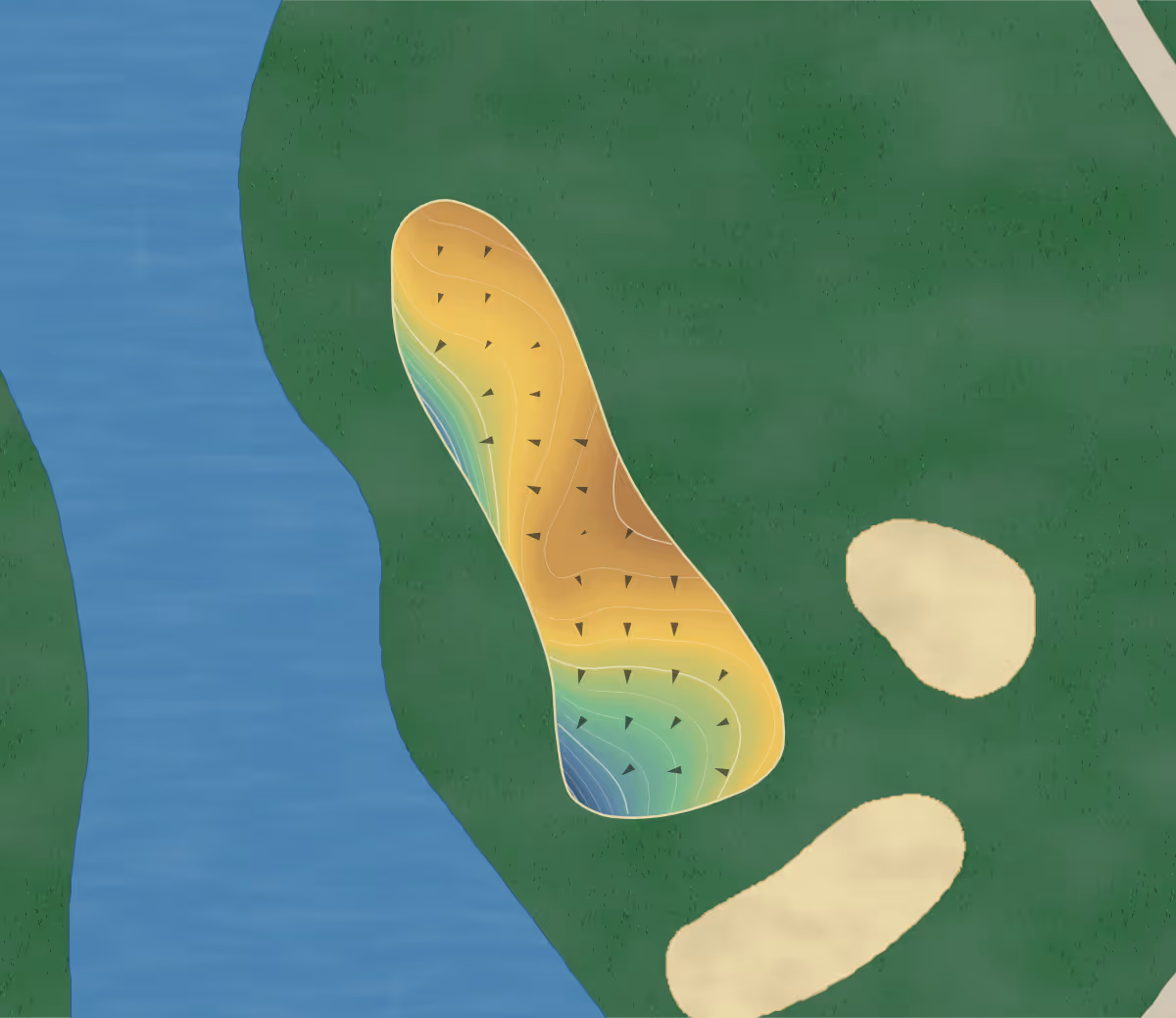 Green contour map of Timarron in Southlake, Texas: 158 elevation contours at a 3-inch interval with fall-line arrows, traced from 1-meter lidar