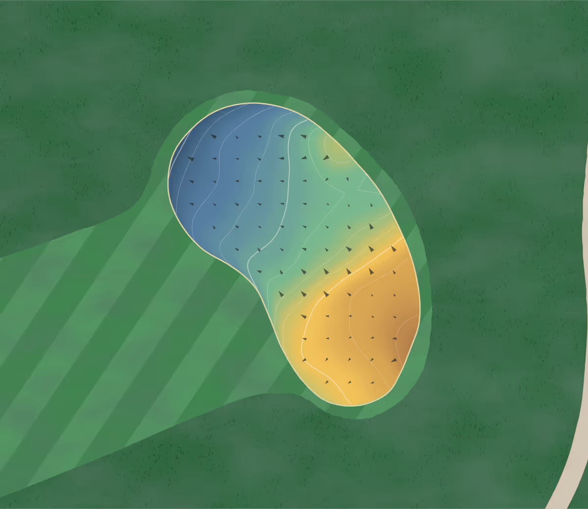 Green contour map of Timber Lakes Golf Course in Staunton, Illinois — 36 elevation contours at a 3-inch interval with fall-line arrows, traced from 1-meter lidar
