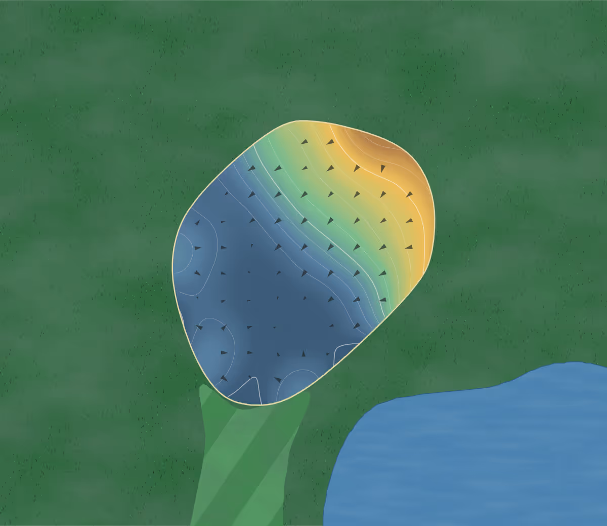 Green contour map of Timber Ridge Golf in Bluffton, Indiana — 105 elevation contours at a 3-inch interval with fall-line arrows, traced from 1-meter lidar
