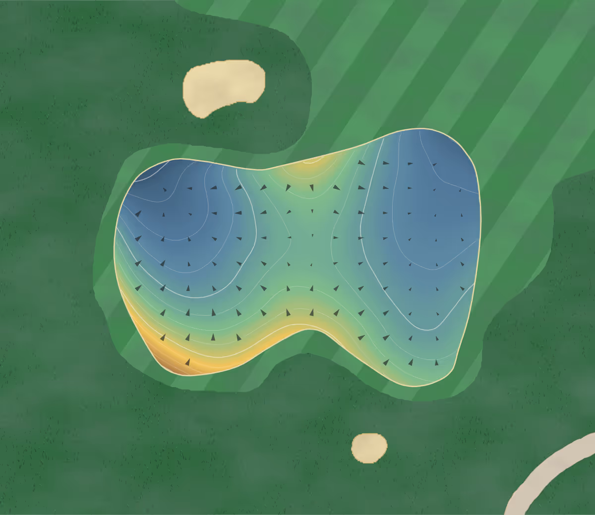 Green contour map of Timbergate Gc in Edinburgh, Indiana — 172 elevation contours at a 3-inch interval with fall-line arrows, traced from 1-meter lidar
