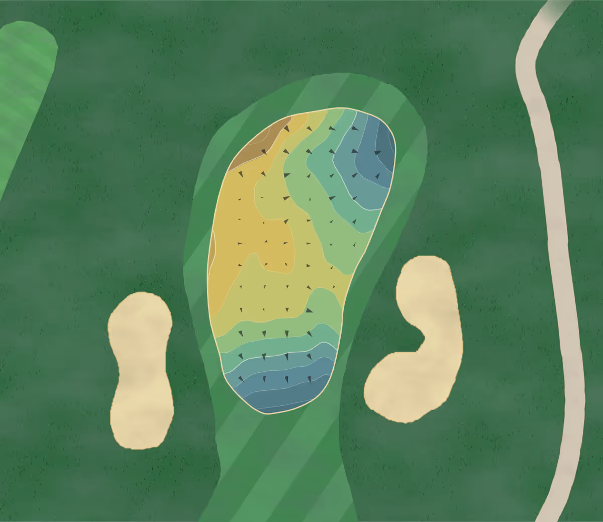 Green contour map of Timberlin GC in Kensington, Connecticut — 176 elevation contours at a 3-inch interval with fall-line arrows, traced from 1-meter lidar