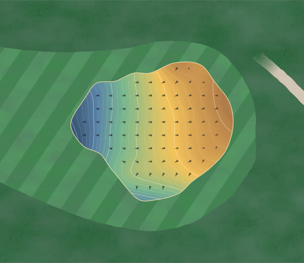 Green contour map of Timberline Gc in Peosta, Iowa — 250 elevation contours at a 3-inch interval with fall-line arrows, traced from 1-meter lidar