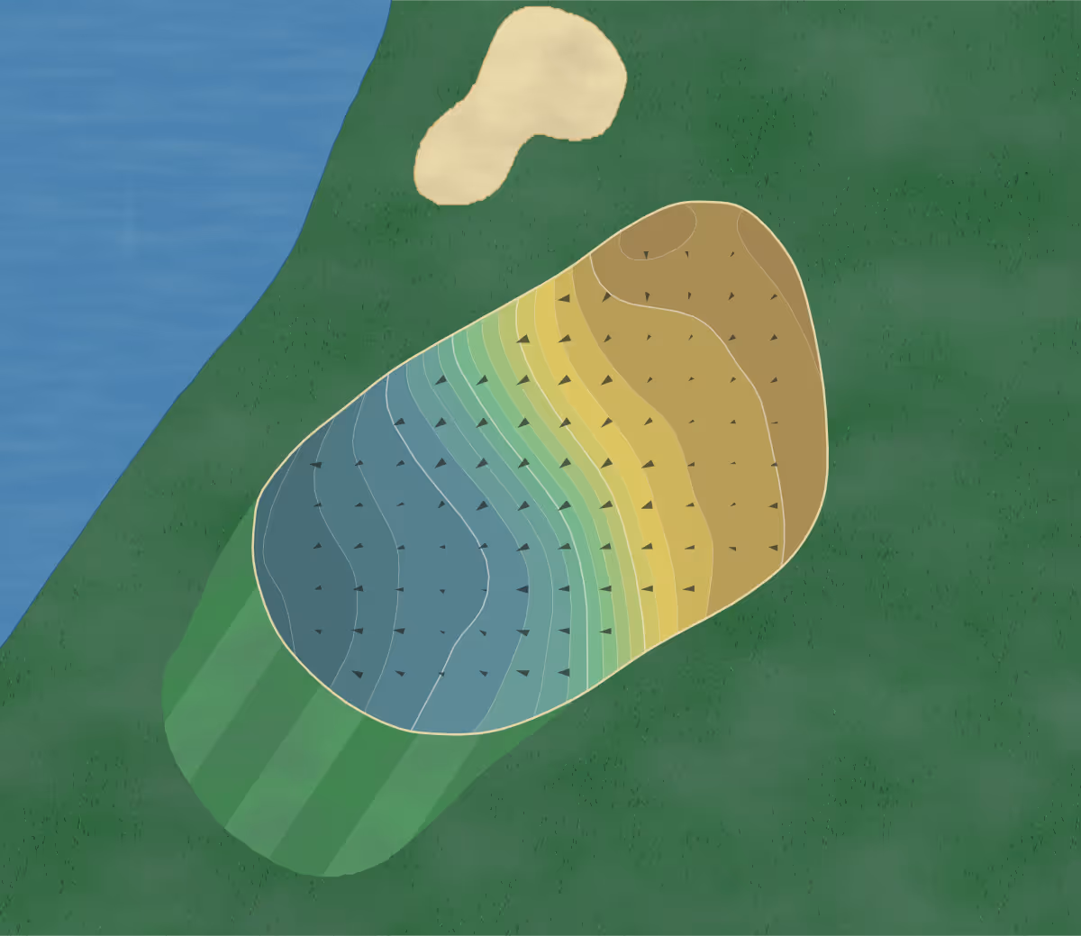 Green contour map of Timberstone Gc in Caldwell, Idaho — 233 elevation contours at a 3-inch interval with fall-line arrows, traced from 1-meter lidar