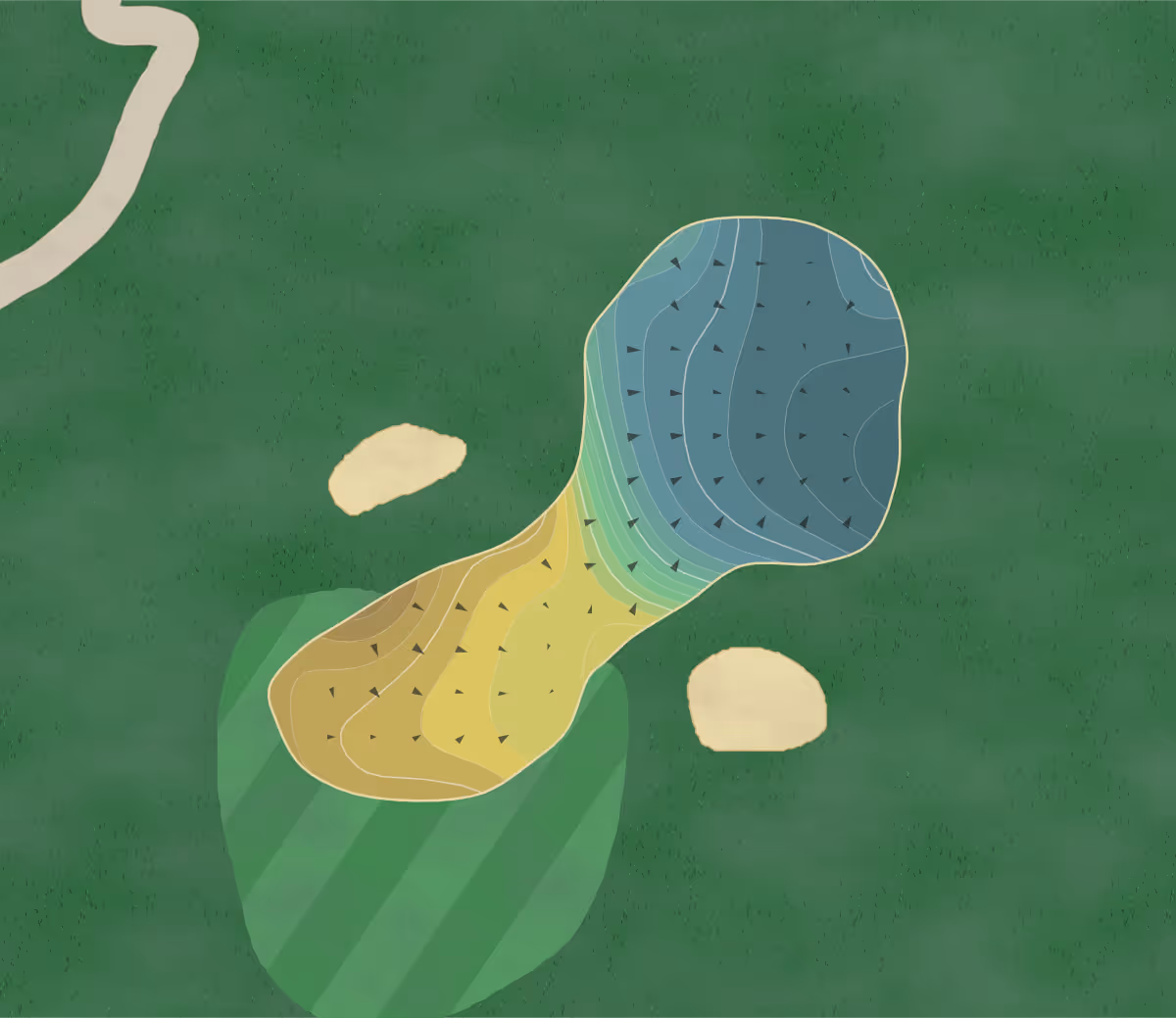 Green contour map of Timberstone Golf Course at Pine Mountain in Iron Mountain, Michigan — 211 elevation contours at a 3-inch interval with fall-line arrows, traced from 1-meter lidar