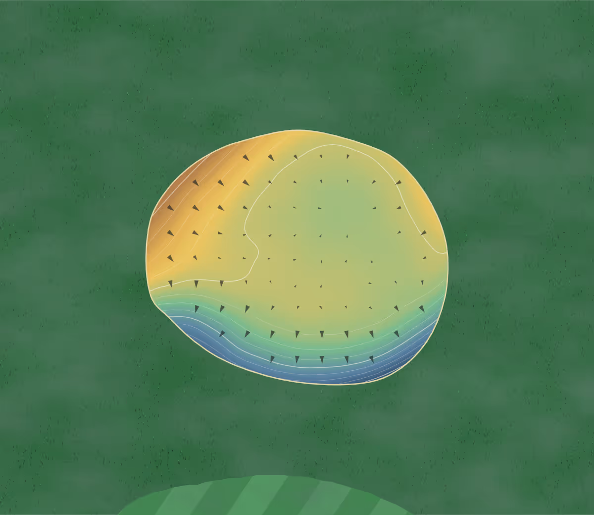 Green contour map of Tioga Golf in Tioga, North Dakota — 82 elevation contours at a 3-inch interval with fall-line arrows, traced from 1-meter lidar