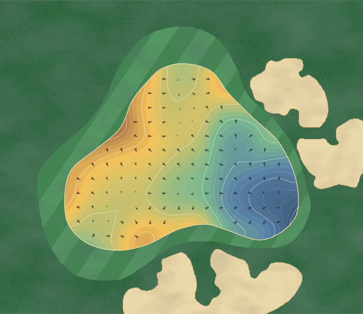 Green contour map of Titirangi in Auckland, New Zealand — 270 elevation contours at a 8-centimeter interval with fall-line arrows, traced from 1-meter lidar