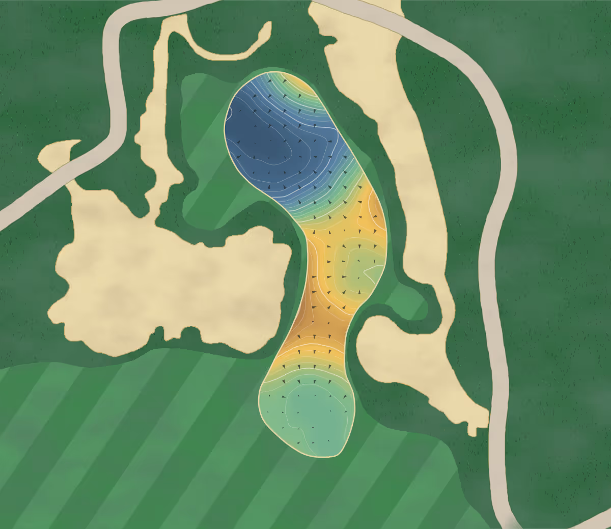 Green contour map of Tobacco Road in Sanford, North Carolina: 333 elevation contours at a 3-inch interval with fall-line arrows, traced from 1-meter lidar