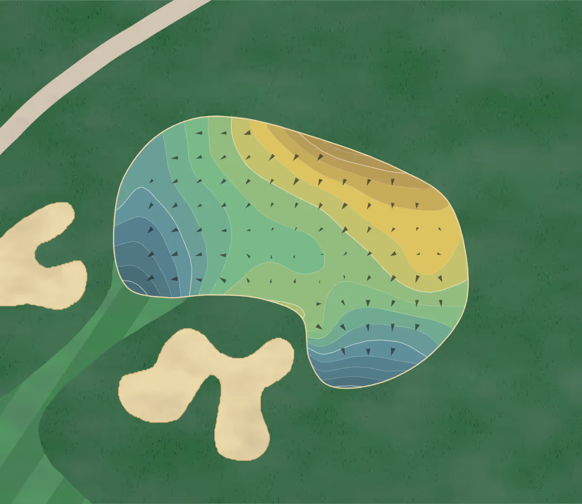 Green contour map of Toftrees GC in State College, Pennsylvania — 188 elevation contours at a 3-inch interval with fall-line arrows, traced from 1-meter lidar