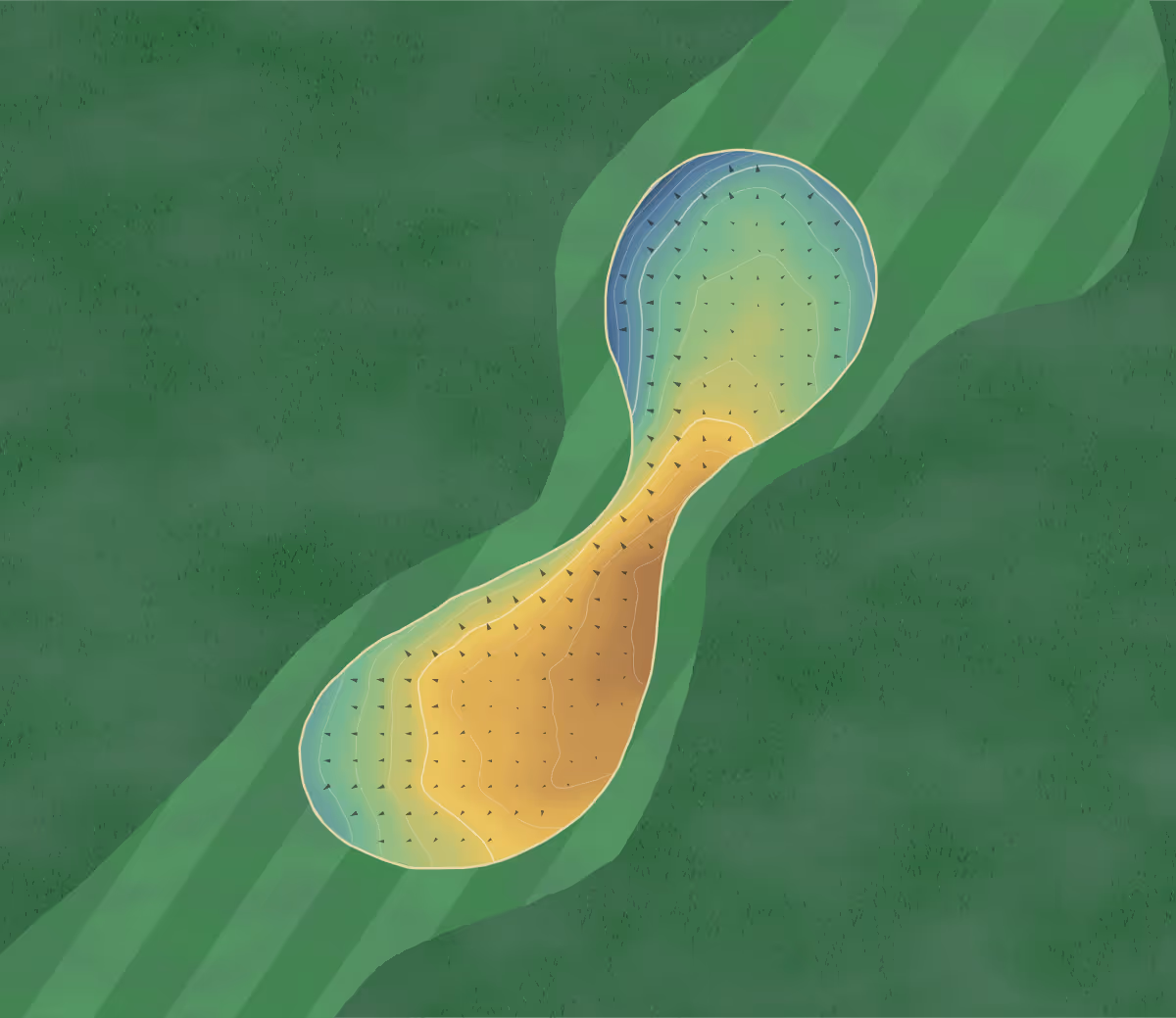 Green contour map of Tom O'Leary in Bismarck, North Dakota — 152 elevation contours at a 3-inch interval with fall-line arrows, traced from 1-meter lidar