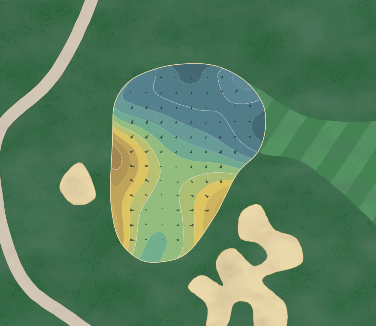 Green contour map of PGA West Weiskopf in La Quinta, California — 137 elevation contours at a 3-inch interval with fall-line arrows, traced from 1-meter lidar