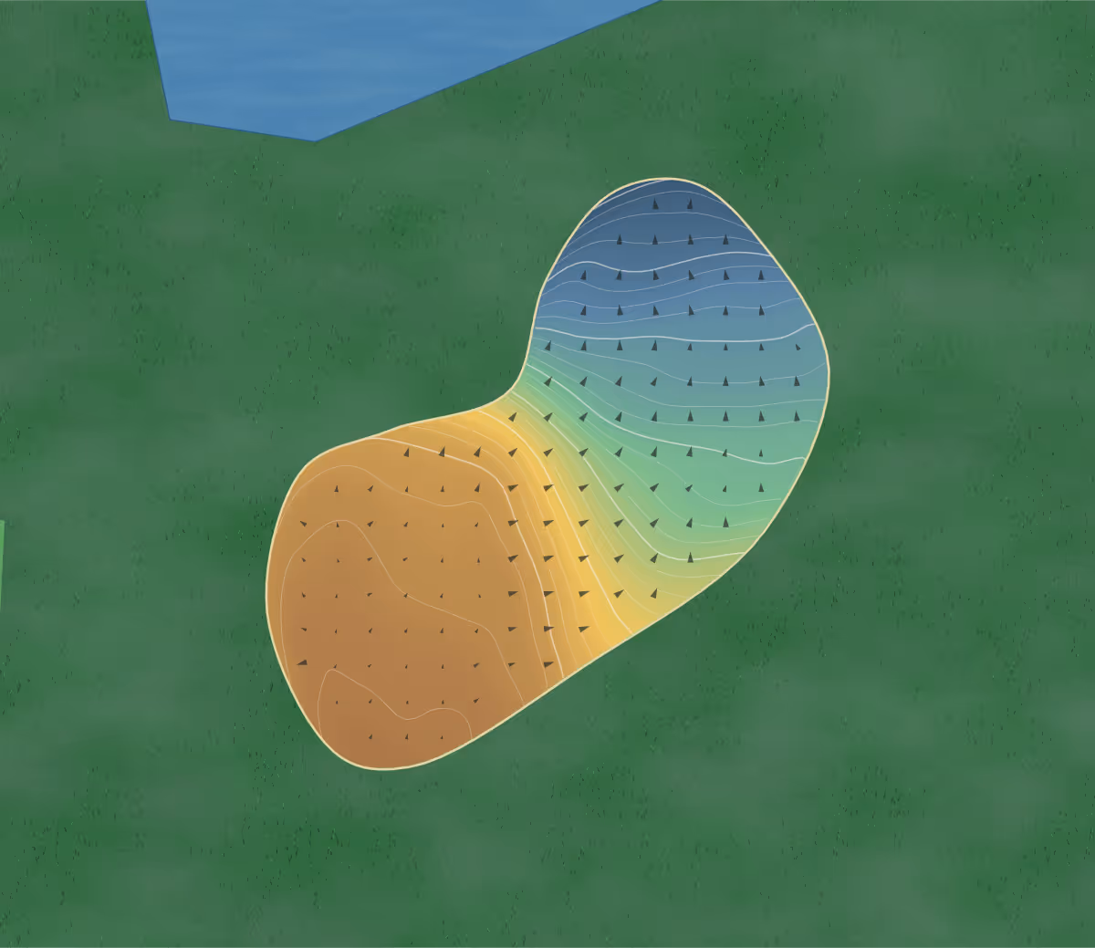 Green contour map of Tomahawk in Thornbury, Canada: 166 elevation contours at a 8-centimeter interval with fall-line arrows, traced from 1-meter lidar