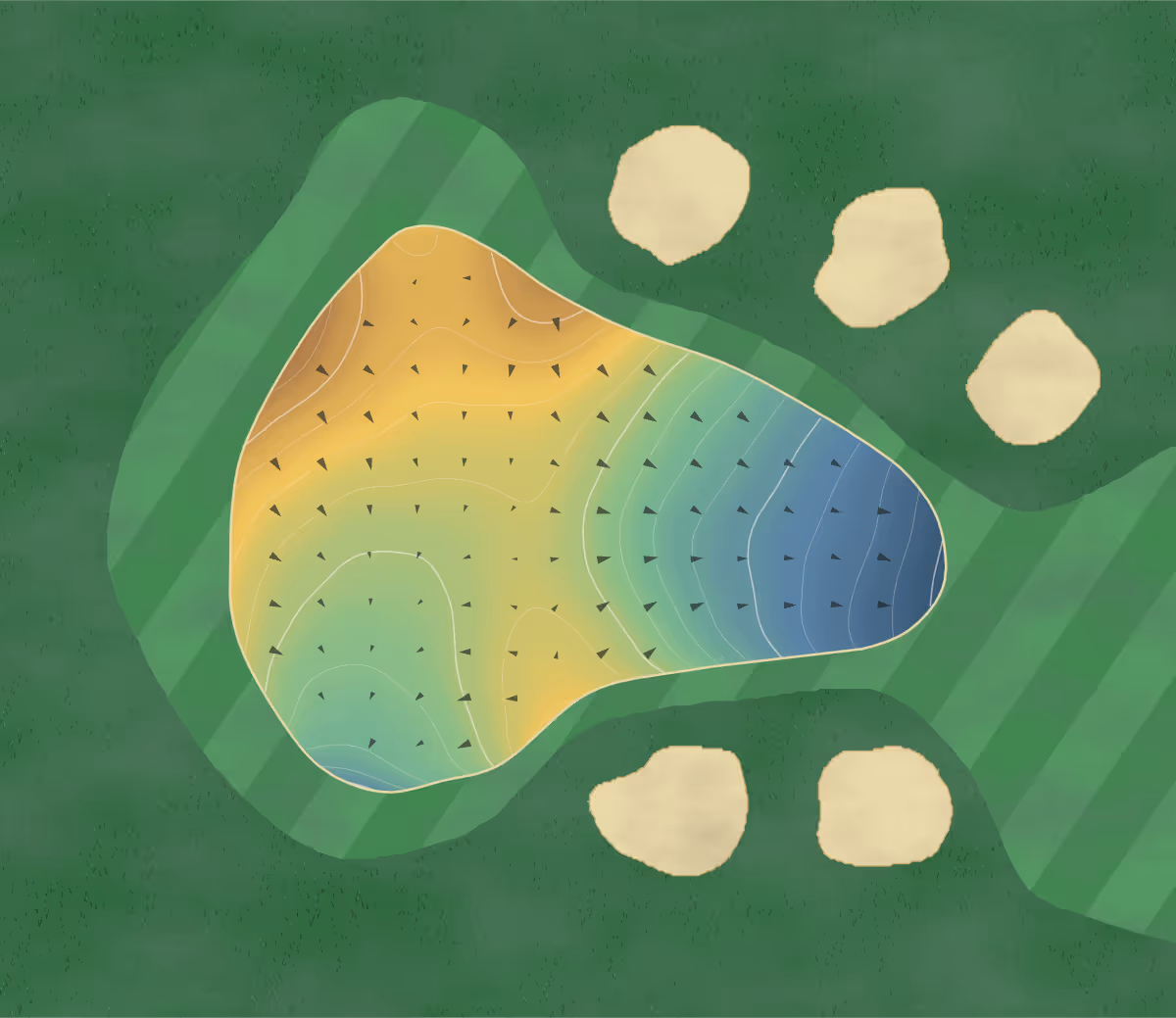 Green contour map of Toronto Golf Club in Mississaugua, Canada — 268 elevation contours at a 8-centimeter interval with fall-line arrows, traced from 1-meter lidar