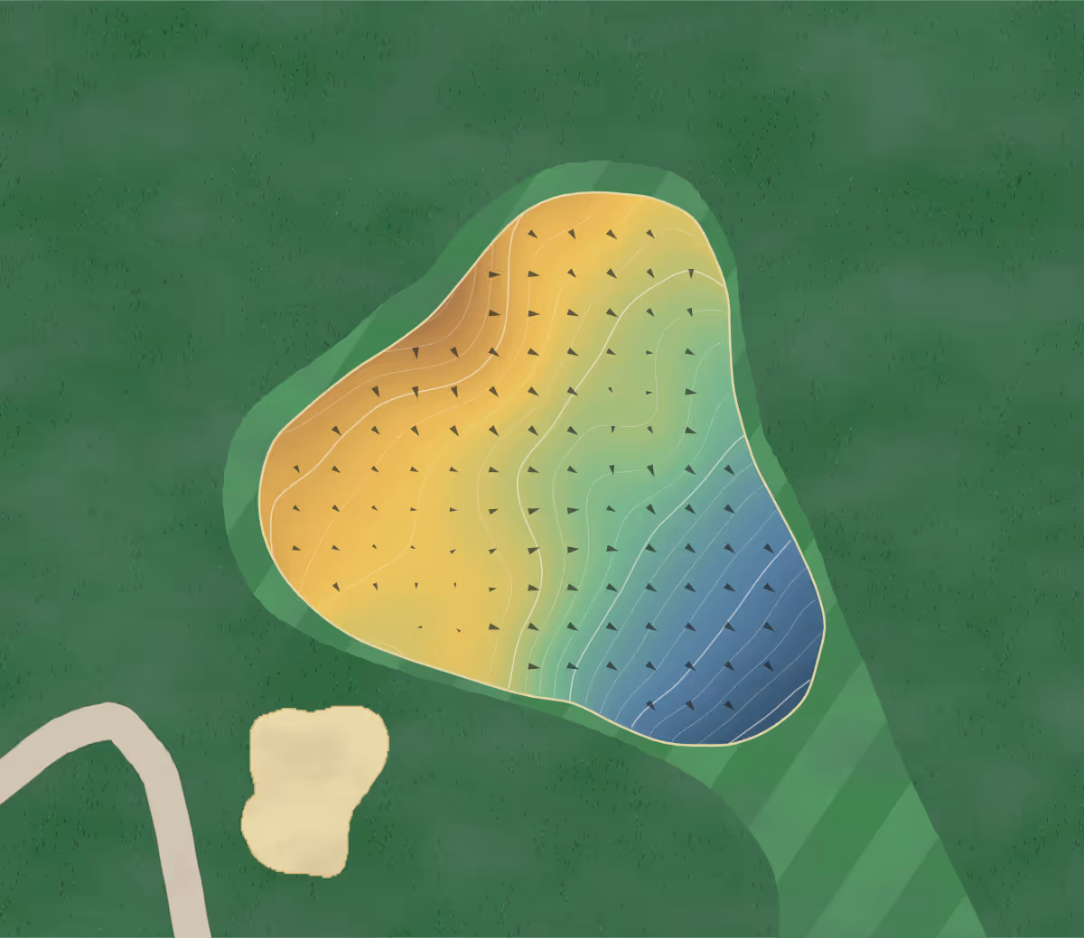 Green contour map of Toronto Hunt in Toronto, Canada — 83 elevation contours at a 8-centimeter interval with fall-line arrows, traced from 1-meter lidar