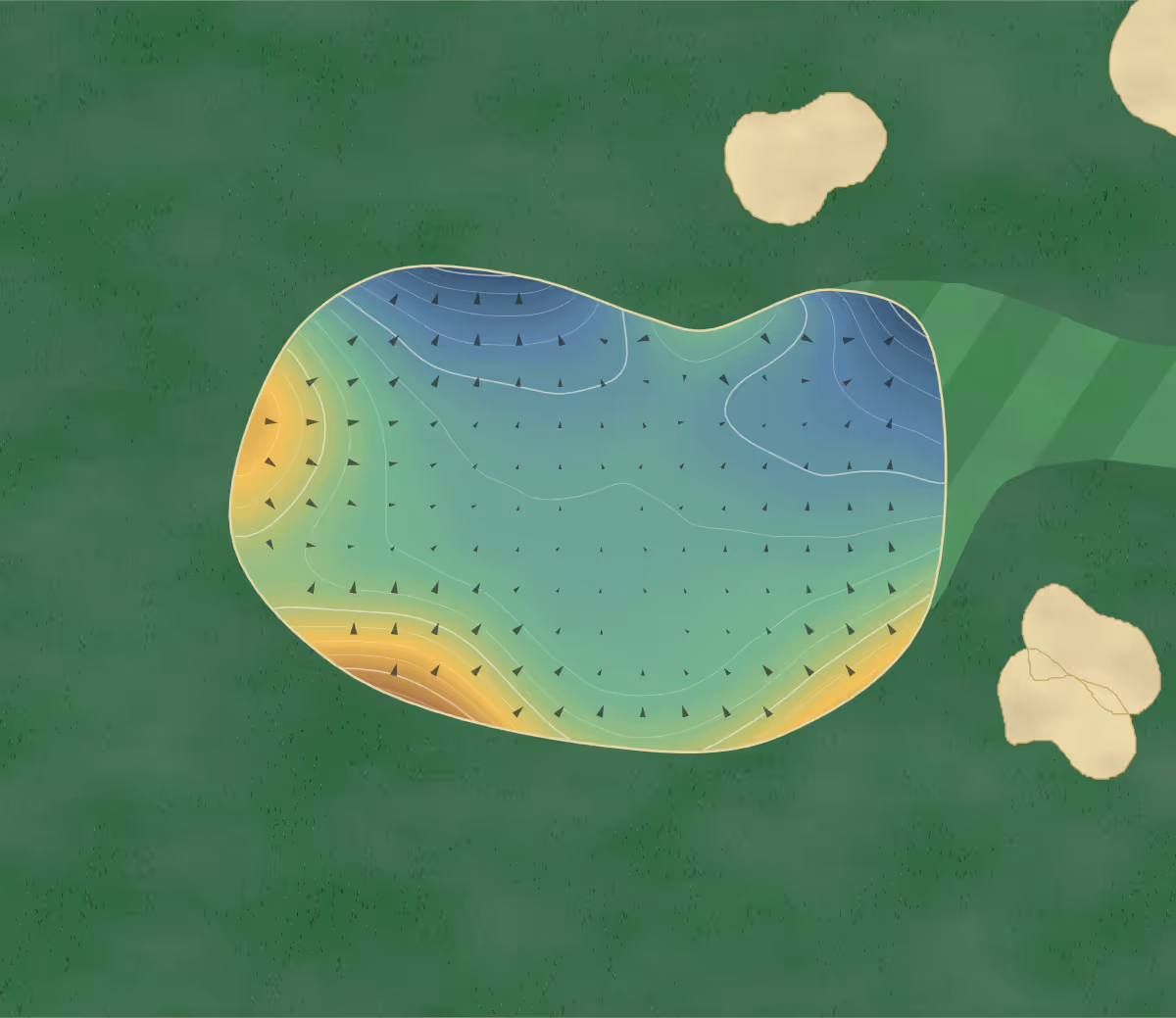 Green contour map of Torquay in Torquay, England: 26 elevation contours at a 8-centimeter interval with fall-line arrows, traced from 1-meter lidar