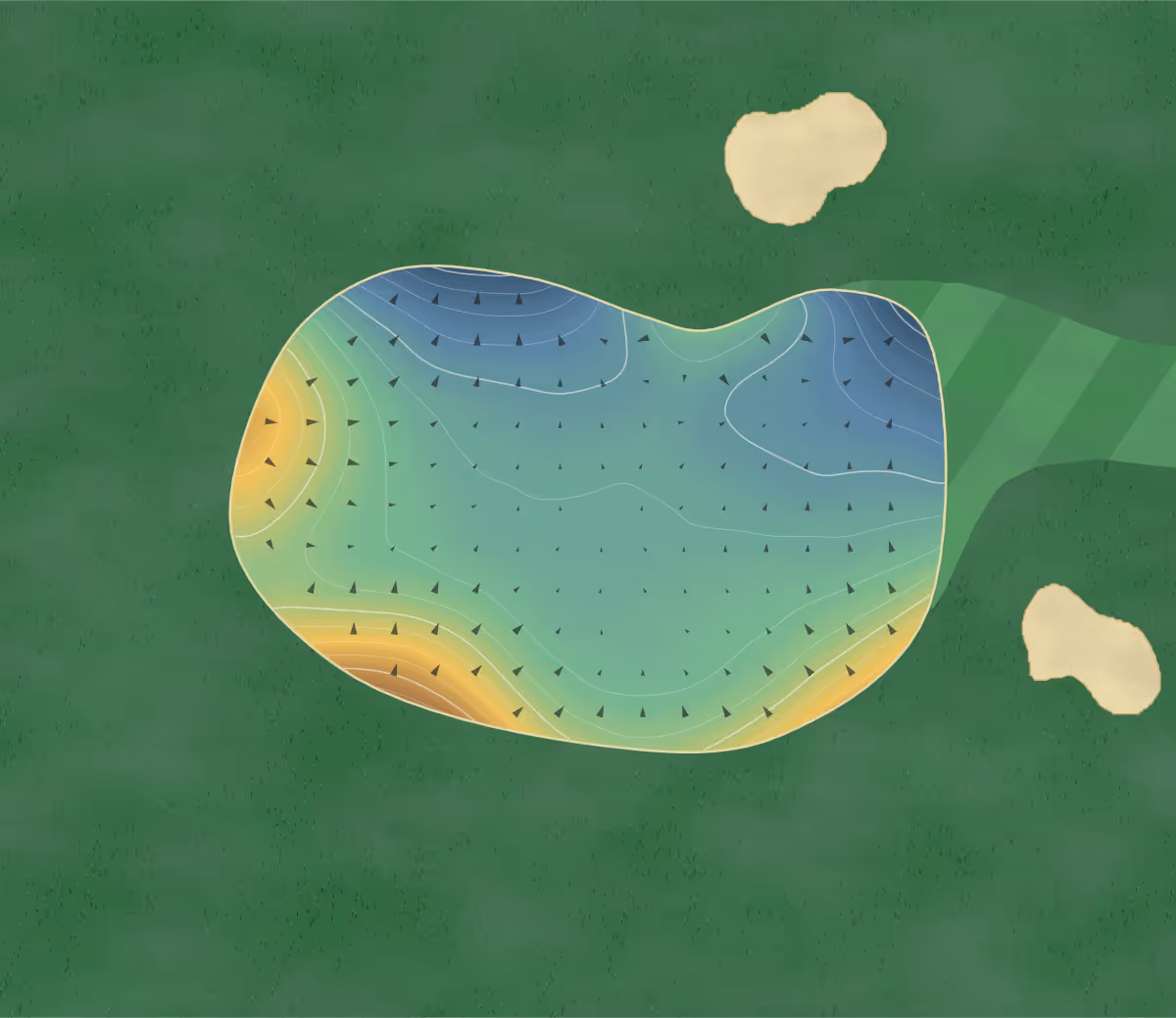 Green contour map of Torquay in Torquay, England — 26 elevation contours at a 8-centimeter interval with fall-line arrows, traced from 1-meter lidar
