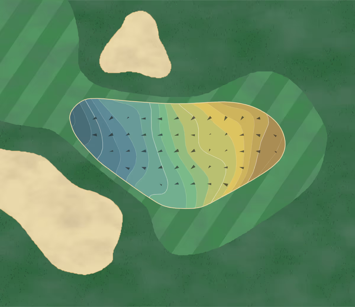 Green contour map of Toscana in Indian Wells, California — 212 elevation contours at a 3-inch interval with fall-line arrows, traced from 1-meter lidar