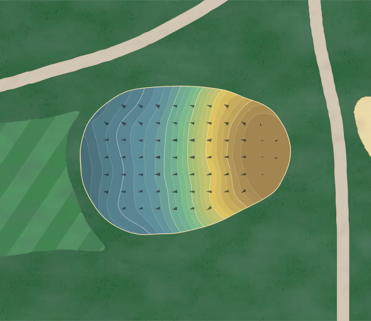 Green contour map of Touisset CC in Swansea, Massachusetts — 135 elevation contours at a 3-inch interval with fall-line arrows, traced from 1-meter lidar