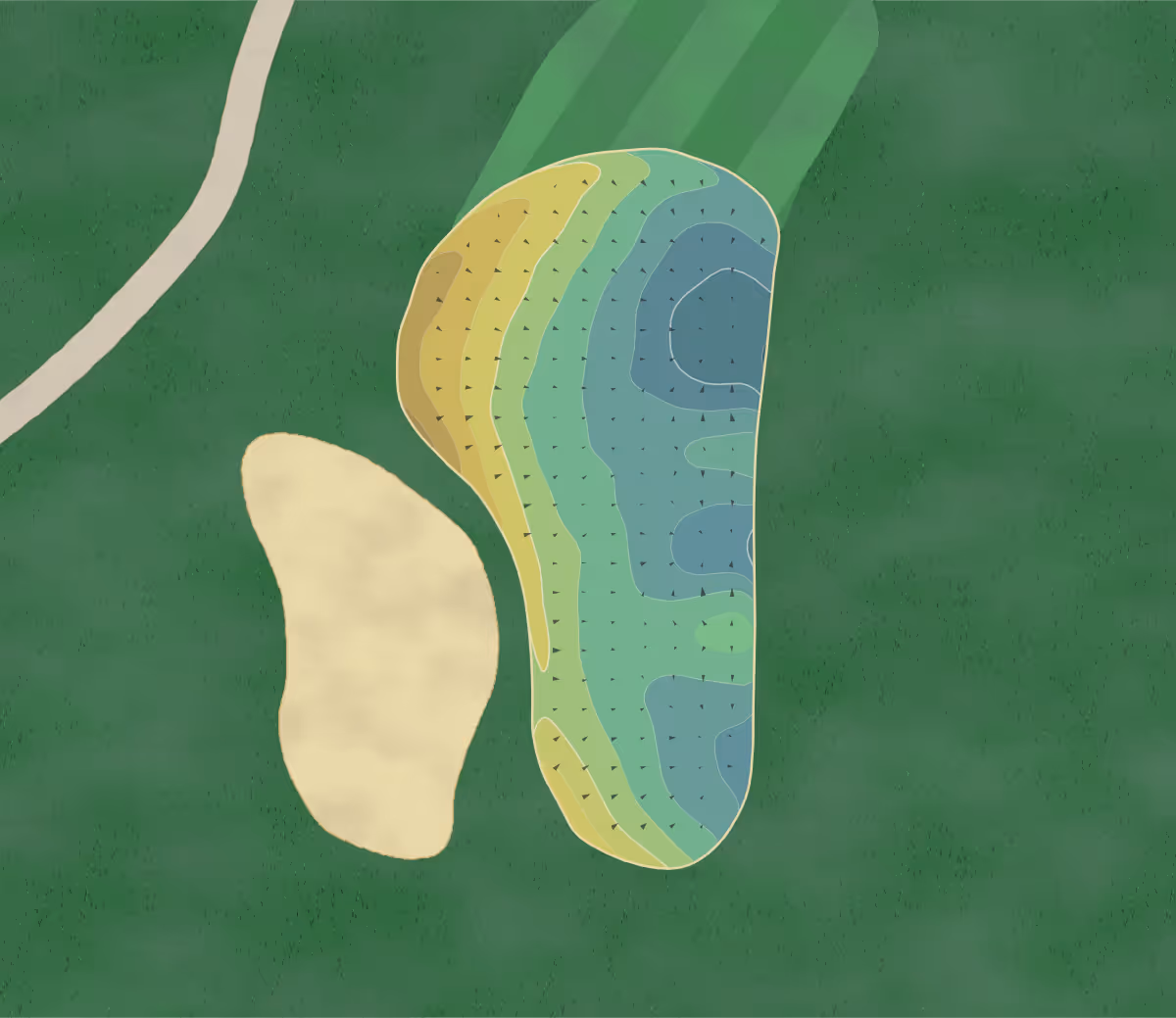 Green contour map of Tournament Club in Polk City, Iowa — 249 elevation contours at a 3-inch interval with fall-line arrows, traced from 1-meter lidar