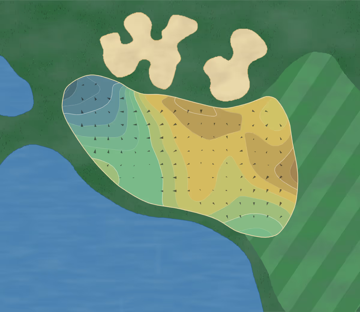 Green contour map of TPC River's Bend in Ohio, United States — 210 elevation contours at a 3-inch interval with fall-line arrows, traced from 1-meter lidar