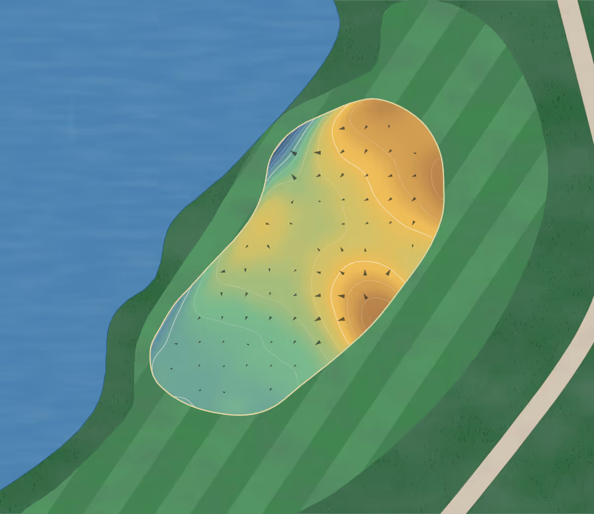 Green contour map of Tournament Players in Carville, Louisiana — 101 elevation contours at a 3-inch interval with fall-line arrows, traced from 1-meter lidar