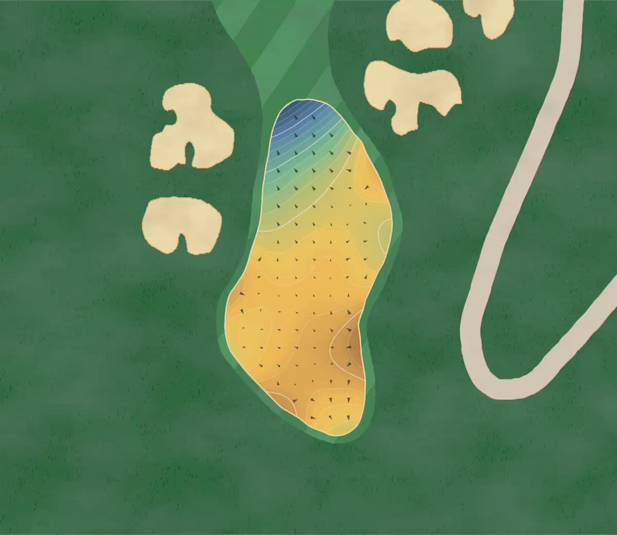 Green contour map of Tower Ranch in Kelowna, Canada — 296 elevation contours at a 8-centimeter interval with fall-line arrows, traced from 1-meter lidar