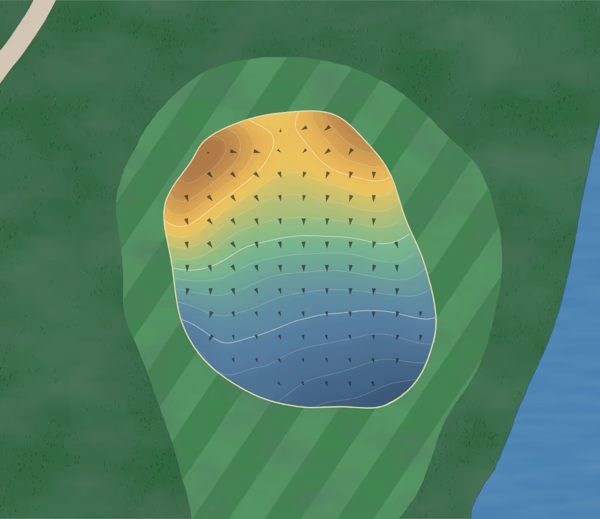 Green contour map of Town And in Grundy Center, Iowa — 111 elevation contours at a 3-inch interval with fall-line arrows, traced from 1-meter lidar