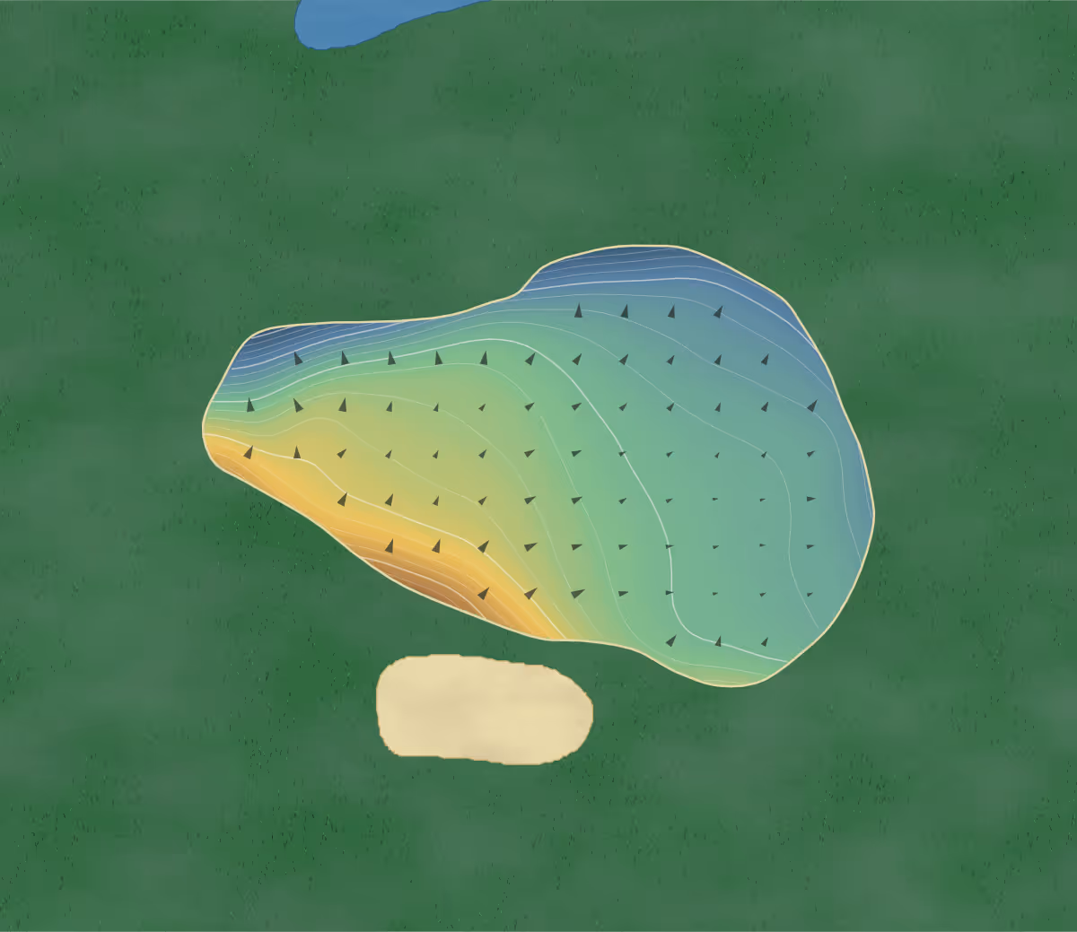 Green contour map of TP Country Club in Cullman, Alabama: 254 elevation contours at a 3-inch interval with fall-line arrows, traced from 1-meter lidar