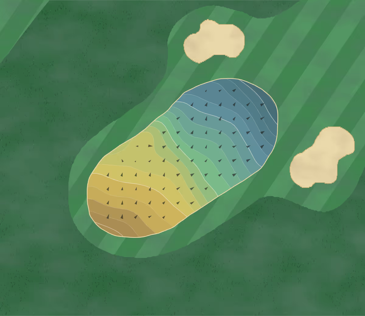 Green contour map of Tp Golf in Tewkesbury, England — 155 elevation contours at a 8-centimeter interval with fall-line arrows, traced from 1-meter lidar