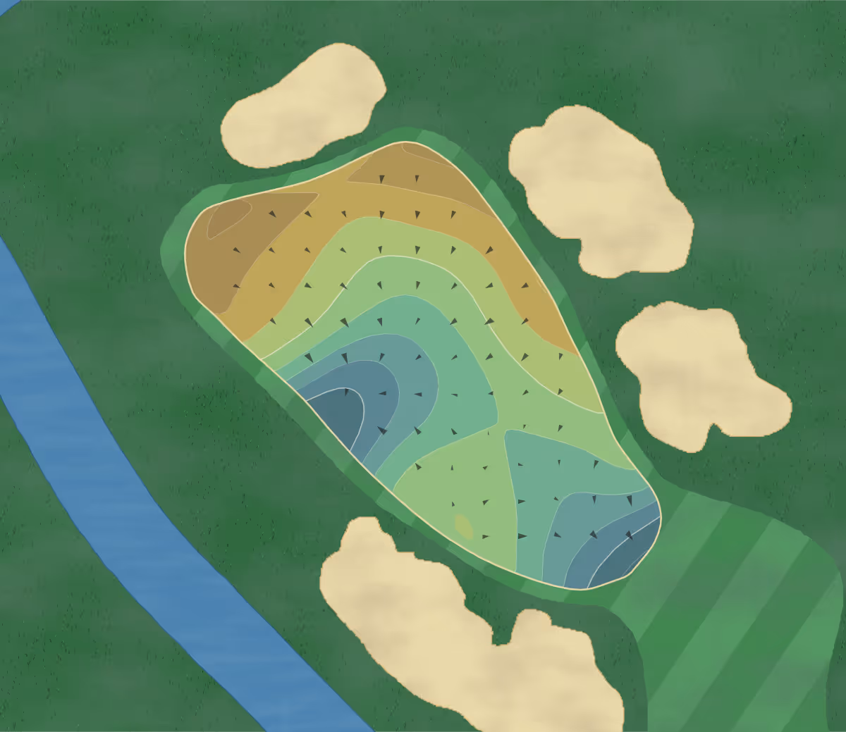 Green contour map of Blue Monster in Miami, Florida — 238 elevation contours at a 3-inch interval with fall-line arrows, traced from 1-meter lidar